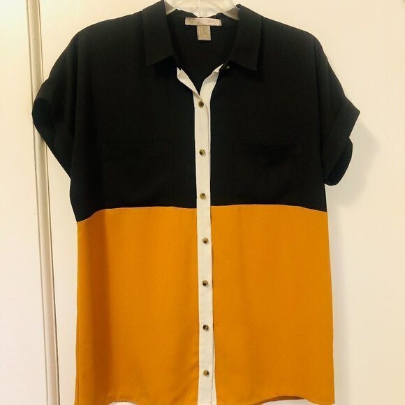 Forever 21 Blouse Colorblock Button Front Black Gold Oversized size Medium - Picture 10 of 16